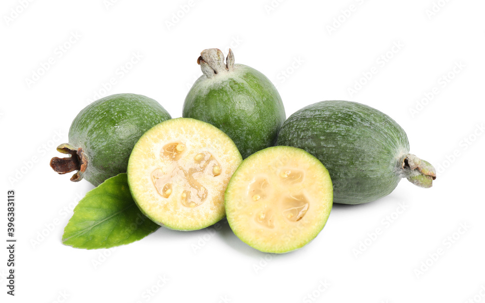 Pile of feijoas and leaf on white background Pile of feijoas and leaf on white background