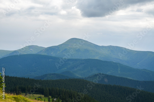 Part of Chornohora range with the highest mountain of Ukraine Hoverla in cloudy summer day. Panoramic view, Carpathian Mountains, Ukraine © Dmytro