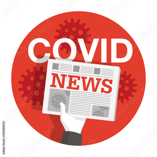 Covid News - icon for daily news feed about COVID-19 coronavirus - hand holding newspaper with virus decorated articles