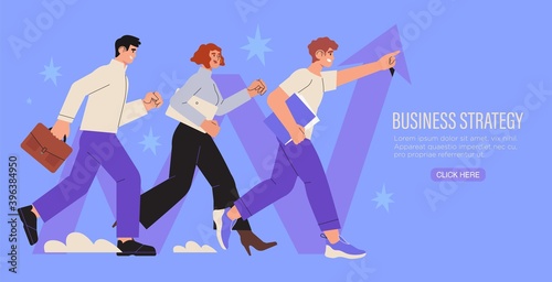 Business strategy, analysis, growth, success, leadership concept. Successful businessman, businesswoman, team, partners walking together. Start up, company employees working together, teambuilding.