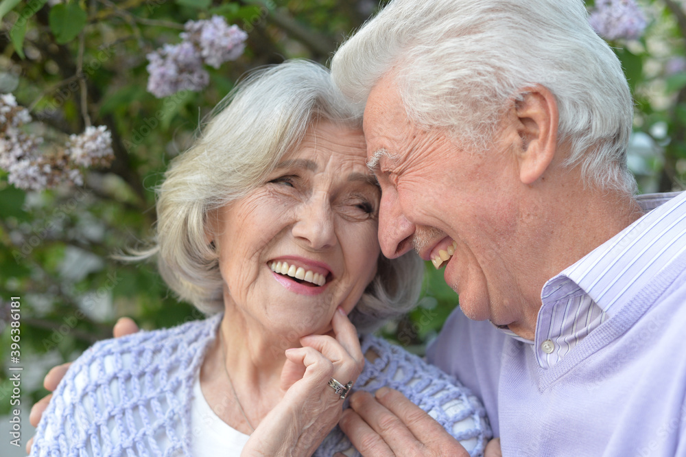 Beautiful senior couple hugging by lilacs in the park Beautiful senior couple hugging by lilacs in the park