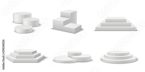 Sport podiums with round, rectangular steps realistic set. Pedestals for champions, winners.