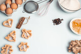 Shortcrust pastry for gingerbread.Christmas background for baking, top down view, copy space. Christmas and New Years, family celebration traditions. cinnamon, spices, flour on a white table.