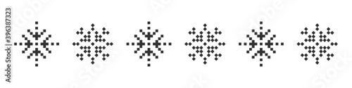 Snowflake icons. Pixel snowflake. Christmas icons. Black pixel snowflakes on a white background. Vector illustration