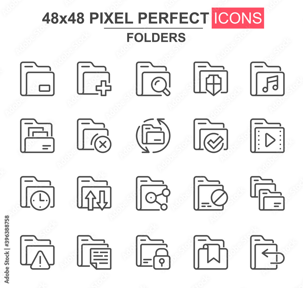 Folders thin line icon set. Add, delete, archive, media sources, security, search, lock, transfer, copy unique icons. Outline vector bundle for UI UX design. 48x48 pixel perfect linear pictogram pack.