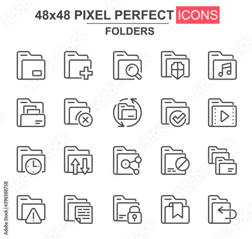 Folders thin line icon set. Add, delete, archive, media sources, security, search, lock, transfer, copy unique icons. Outline vector bundle for UI UX design. 48x48 pixel perfect linear pictogram pack.
