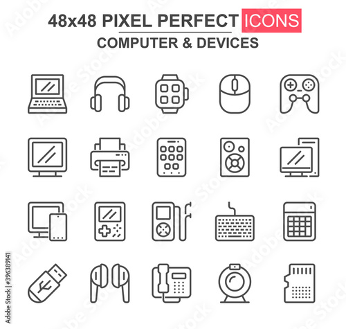 Computer and devices thin line icon set. Laptop, gamepad, printer, smart watch, mp3 player, USB drive unique icons. Outline vector bundle for UI UX design. 48x48 pixel perfect linear pictogram pack