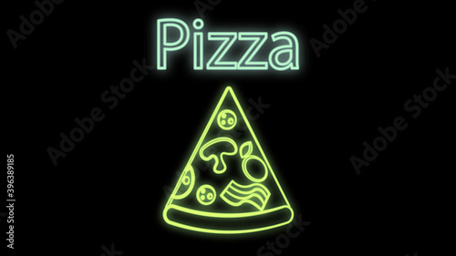 slice of pizza on a black background, vector illustration, neon. neon bright green sign. illumination for cafes and restaurants. bright decoration of the catering building