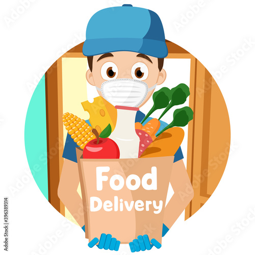 Courier in a medical mask and gloves at open doors, character. Food delivery badge