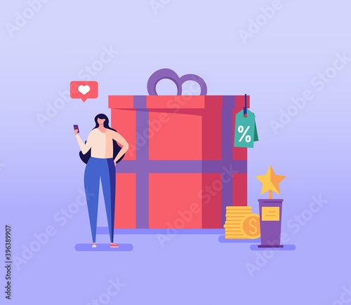 Happy customer participating in loyalty program. Reward program with gifts. Concept of shopping, loyalty program, payment credit card, discount. Vector illustration for UI, web banner, mobile app