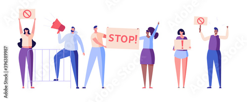 People at the demonstration with placard, shout, stop signal. Concept of protest, stopping, rejection, rally, action, political revolution, manifesting, activists. Vector illustration in flat design