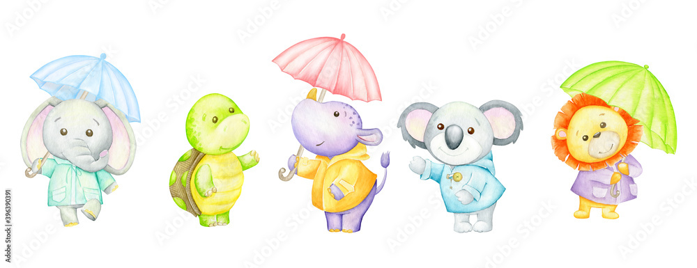 Turtle, hippopotamus, Kuala, lion, elephant, holding umbrellas. Watercolor set of tropical animals in cartoon style, on an isolated background.