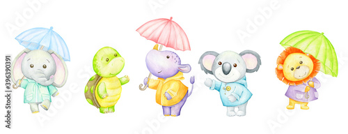 Turtle, hippopotamus, Kuala, lion, elephant, holding umbrellas. Watercolor set of tropical animals in cartoon style, on an isolated background. © Natalia