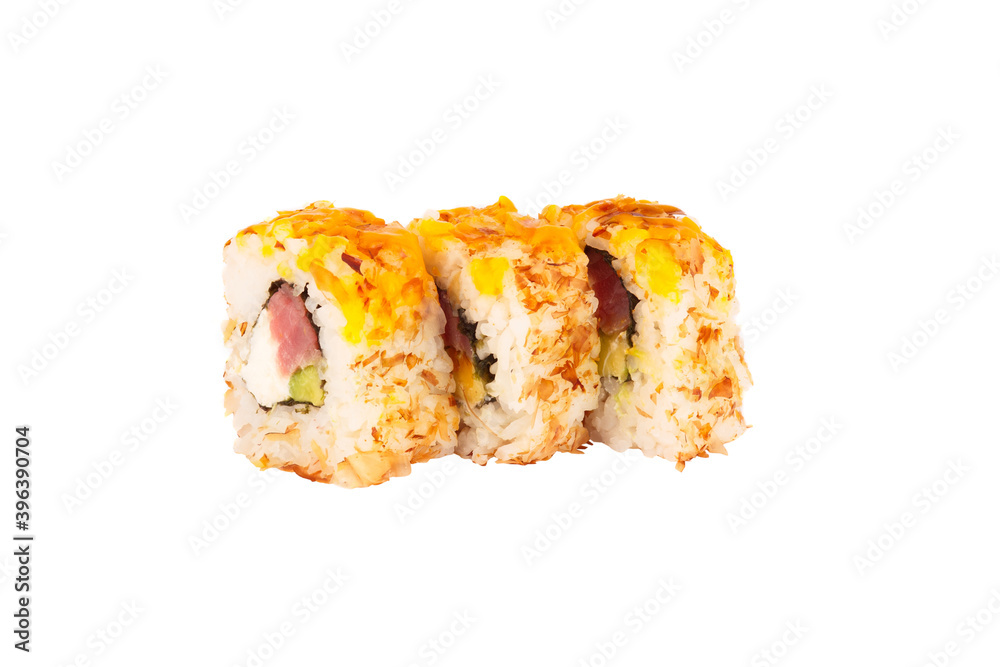 Japanese food: Set of salmon sushi and rolls with a seafood