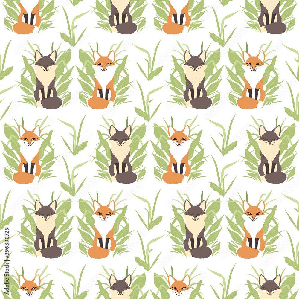 Seamless pattern with hand drawn cute flat boho red foxes and plants in neutral colors. On white background.