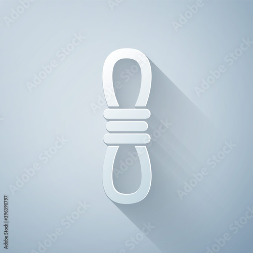 Paper cut Climber rope icon isolated on grey background. Extreme sport. Sport equipment. Paper art style. Vector.
