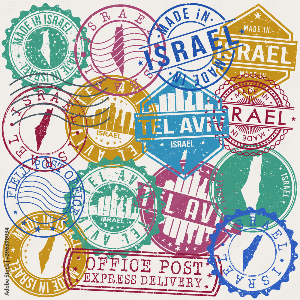 Tel Aviv Israel Set of Stamps. Travel Stamp. Made In Product. Design Seals Old Style Insignia.