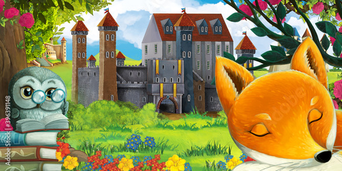 Cartoon garden scene with beautiful castle near the forest with forest animal