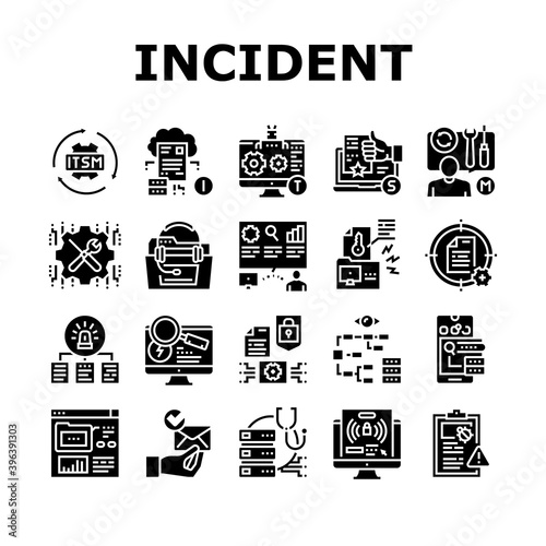 Incident Management Collection Icons Set Vector. It Service Manage And Virus Report, Repairman And Computer Incident Repair, Online Support And Aid Glyph Pictograms Black Illustrations