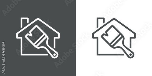 Logotipo con pincel de pintura en contorno de casa con lineas en fondo gris y fondo blanco