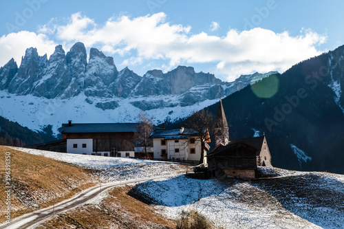 Famous place of the world, Santa Maddalena village with magical Dolomites mountains in background. Winter landscape.