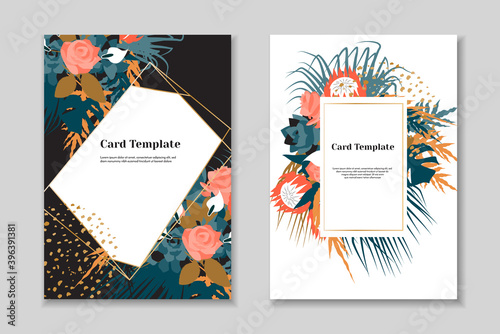 Set of 2 elegant boho greting card templates, tender pastel colorls, white background. Golden geometrical frame.