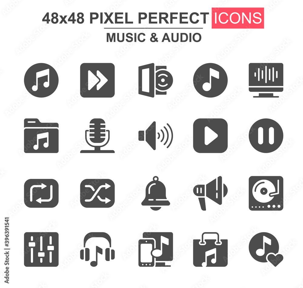 Music and audio glyph icon set. Vinyl record player, mixer, equalizer, headphone, loudspeaker, microphone unique icons. Flat vector bundle for UI UX design. 48x48 pixel perfect GUI pictograms pack. Music and audio glyph icon set. Vinyl record player, mixer, equalizer, headphone, loudspeaker, microphone unique icons. Flat vector bundle for UI UX design. 48x48 pixel perfect GUI pictograms pack.