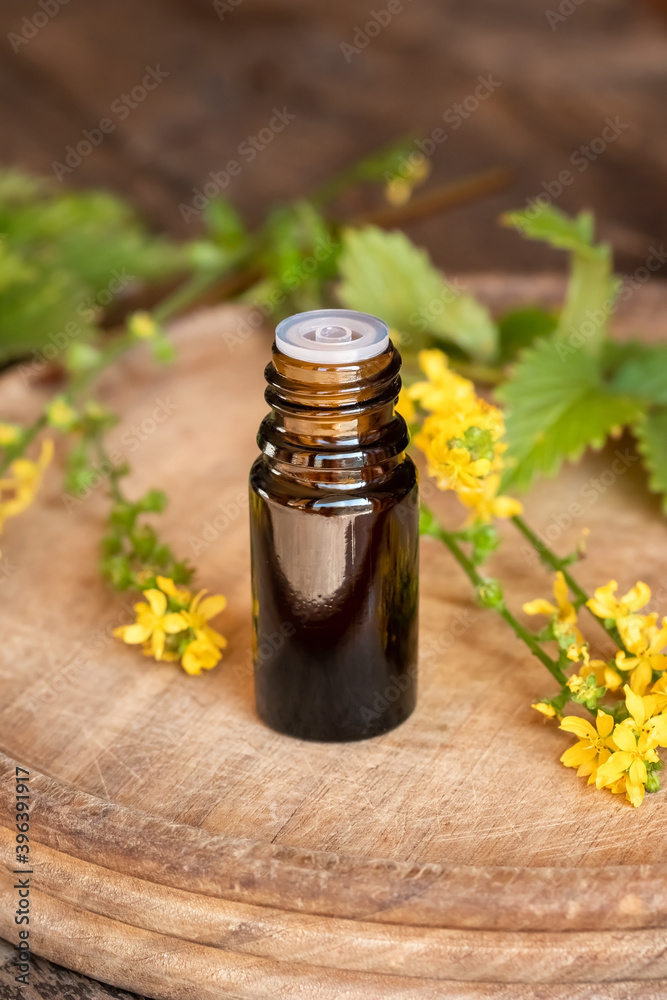 Essential oil bottle with fresh blooming agrimony Essential oil bottle with fresh blooming agrimony