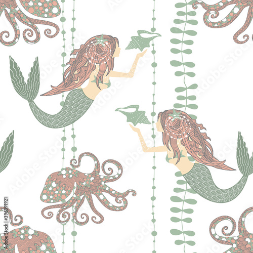 Seamless pattern in zen art style with mermaids and octopuses with sea weed on white background