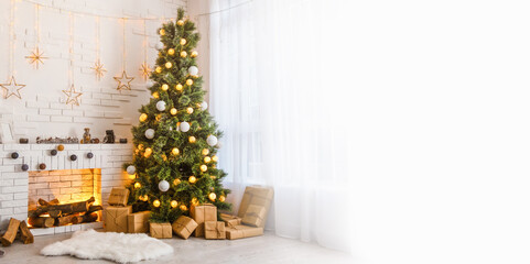 Stylish interior of living room with decorated Christmas tree
