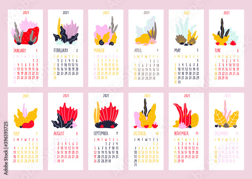 Calendar 2021 ocean underwater. Bright abstract plants. 12 postcard months. Summer print illustration calendar. Cartoon corral and reef art