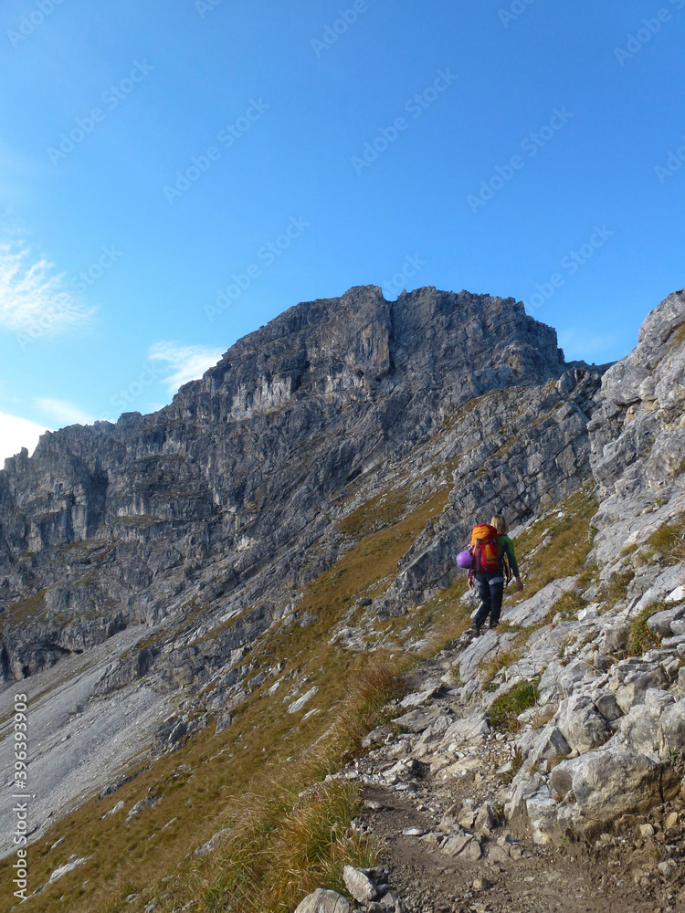 Climber at Mindelheim via ferrata mountain tour, Allgau, Germany