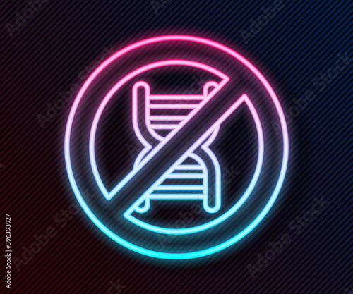 Glowing neon line Stop GMO icon isolated on black background. Genetically modified organism acronym. Dna food modification. Vector.