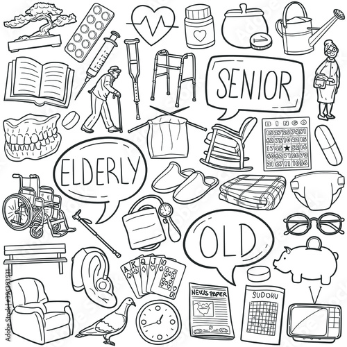 Senior People doodle icon set. Elderly Vector illustration collection. Lifestyle Banner Hand drawn Line art style.