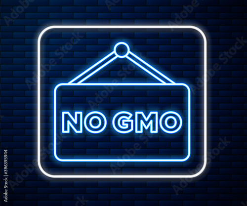 Glowing neon line No GMO icon isolated on brick wall background. Genetically modified organism acronym. Dna food modification. Vector.