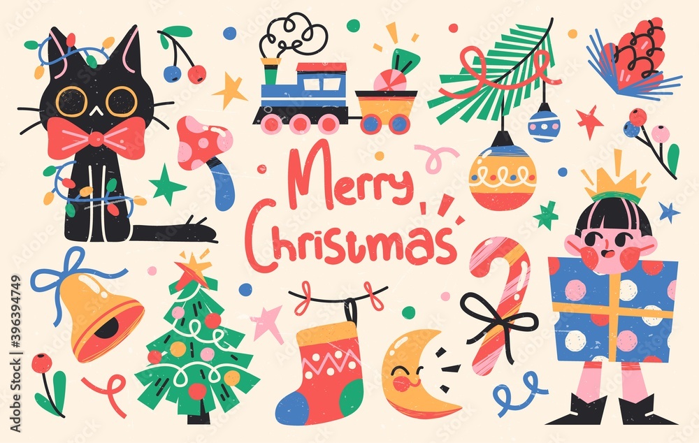 Set of Cute Merry Christmas and Happy New Year Illustrations or stickers. Festive christmas characters and objects. Vector Set of Cute Merry Christmas and Happy New Year Illustrations or stickers. Festive christmas characters and objects. Vector