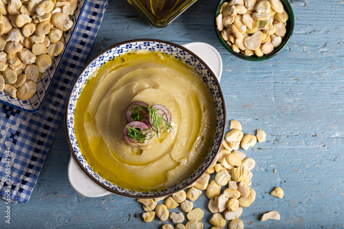 Taditional fava with olive oil. Mashed broad beans fava appetizer.