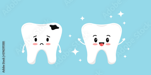Cute white tooth and sad tooth with decay before after icon set. Teeth dental caries treatment concept. Flat cartoon dentistry character vector illustration. Kids dental hygiene and caries prevention.
