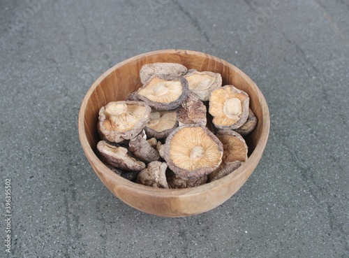 Close up Shitake Mushroom in wood bowl