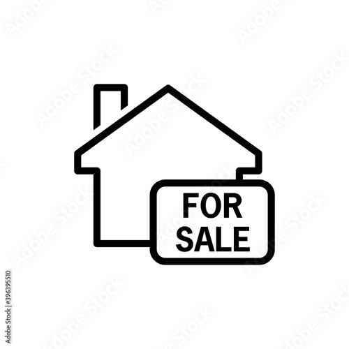 Logotipo con casa con cartel con texto FOR SALE con lineas en color negro