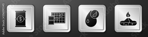 Set Barrel oil with dollar, Oil price increase, Bio fuel and Alcohol or spirit burner icon. Silver square button. Vector.