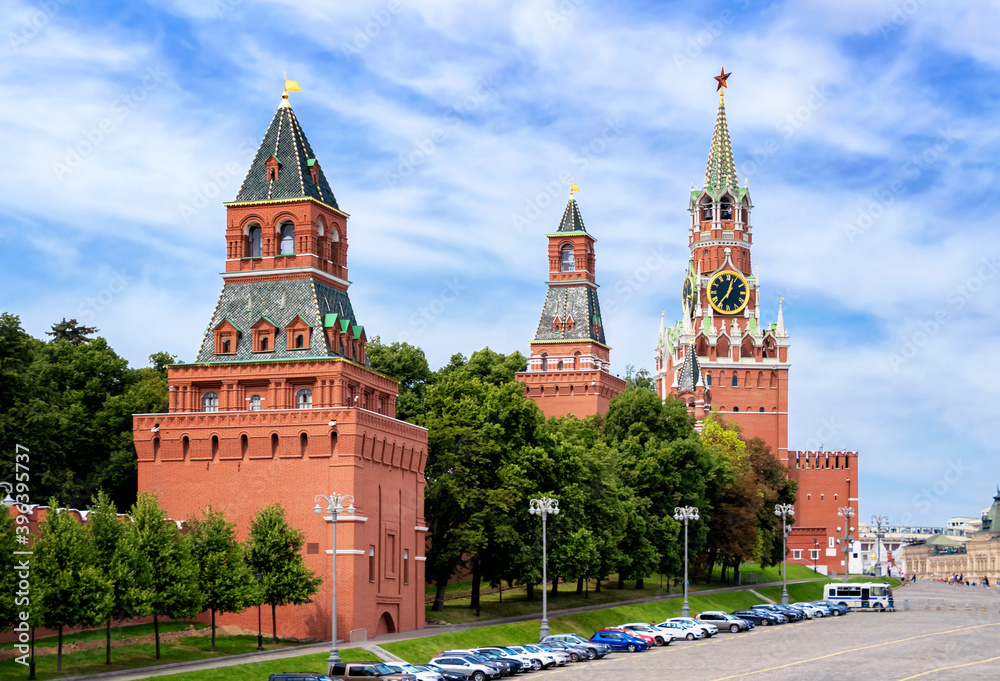 View of the Spasskaya, Nabatnaya and Timofeevskaya towers of the Moscow Kremlin. Russia.