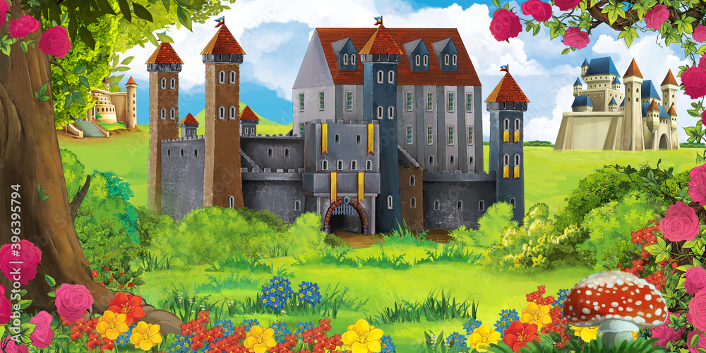 Fototapeta premium Cartoon garden scene with beautiful castle near the forest with forest animal