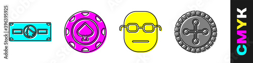 Set Stacks paper money cash, Casino chips, Poker player and Casino roulette wheel icon. Vector.