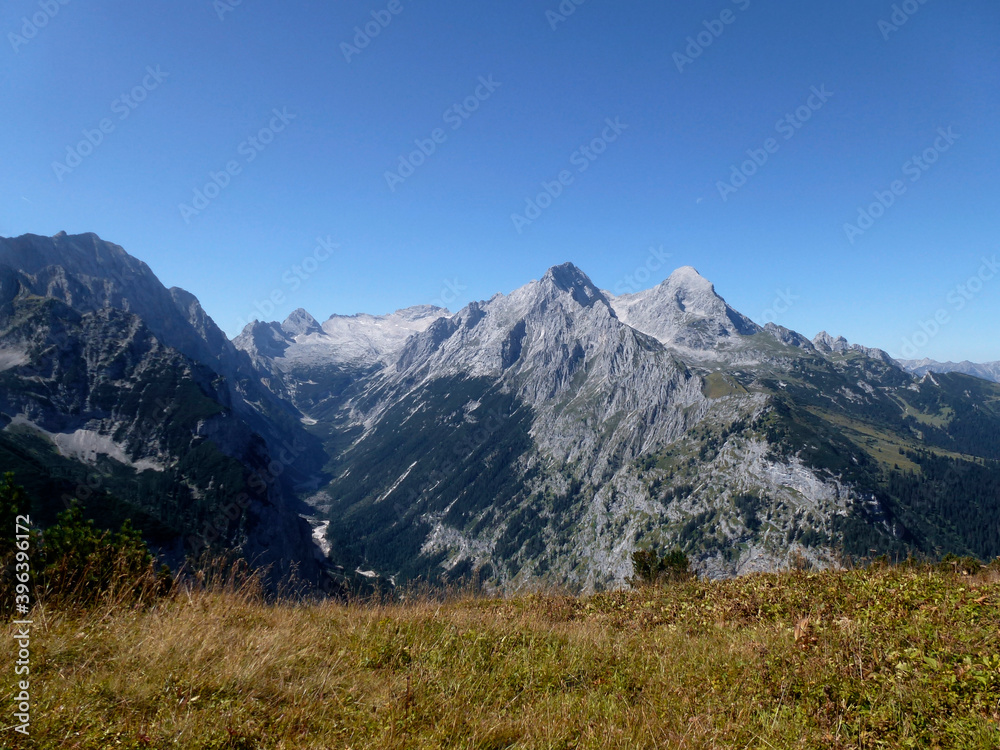 Mountain hiking tour to Partenkirchner Dreitorspitze mountain, Bavaria, Germany Mountain hiking tour to Partenkirchner Dreitorspitze mountain, Bavaria, Germany