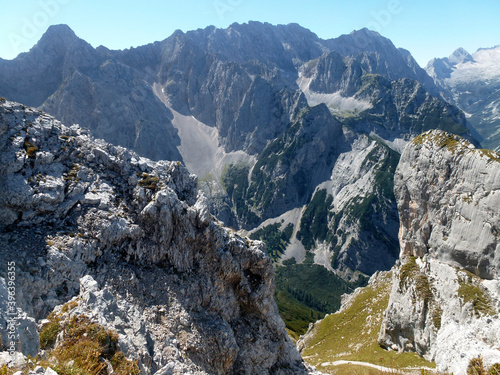 Mountain hiking tour to Partenkirchner Dreitorspitze mountain, Bavaria, Germany photo