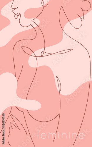 Beauty salon banner in trendy pink hue. Woman figure in line art style. Minimal beautiful female sketch on texture for label design of natural cosmetic, fashion theme. One line woman body silhouette.