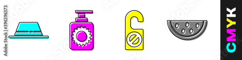 Set Man hat with ribbon, Sunscreen spray bottle, Please do not disturb and Watermelon icon. Vector.