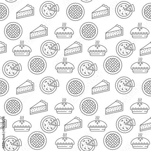 Outline apple pie seamless pattern isolated on white background.