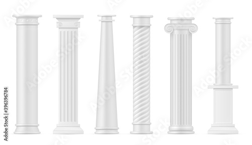 Antique columns white realistic set. Pillars. Monuments, capitals, pedestals, stands.